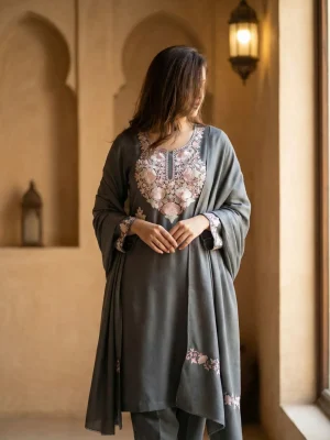 Mist Grey Aari Work Suit