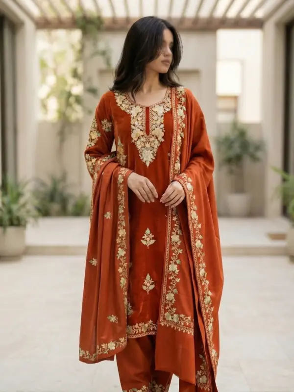 Saffron Copper Aari Work Suit