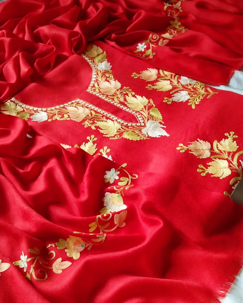 Saffron Bright Red Aari Work Suit - alternate view