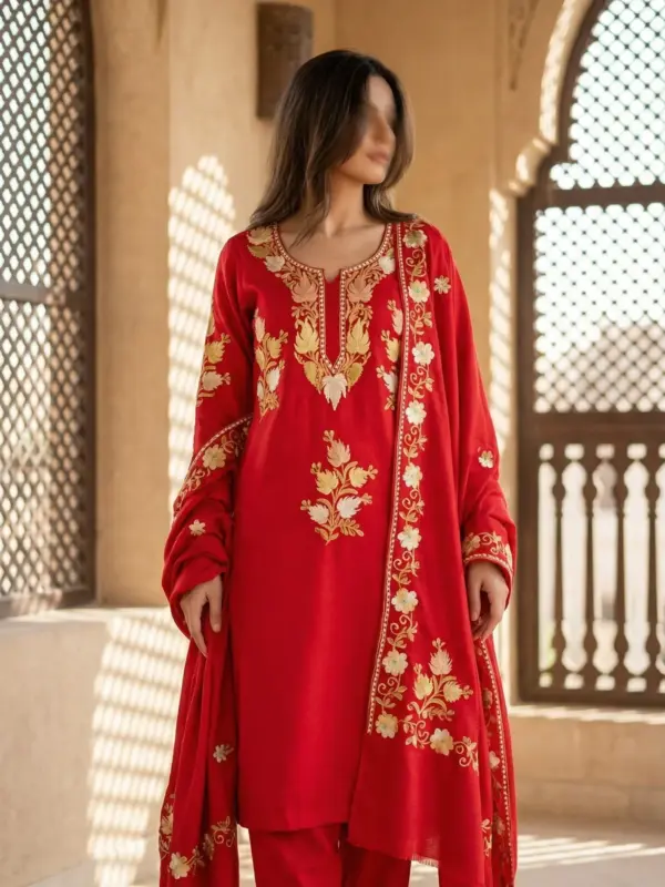 Saffron Bright Red Aari Work Suit Saffron Bright Red Aari Work Suit