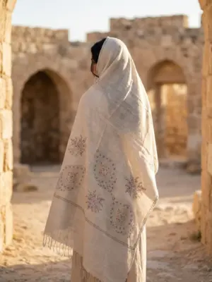 TOK001 (5) Off-White Botidar Sozni Embroidered Pashmina Shawl