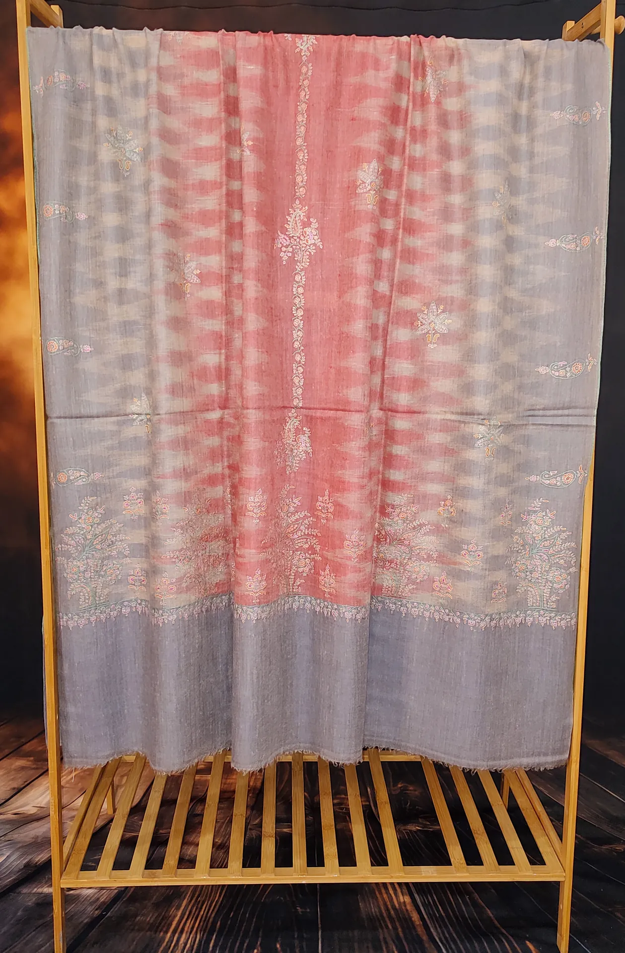 TOK002 (1) Ekat Grey & Red Sozni Motifs Embroidered Pashmina Shawl