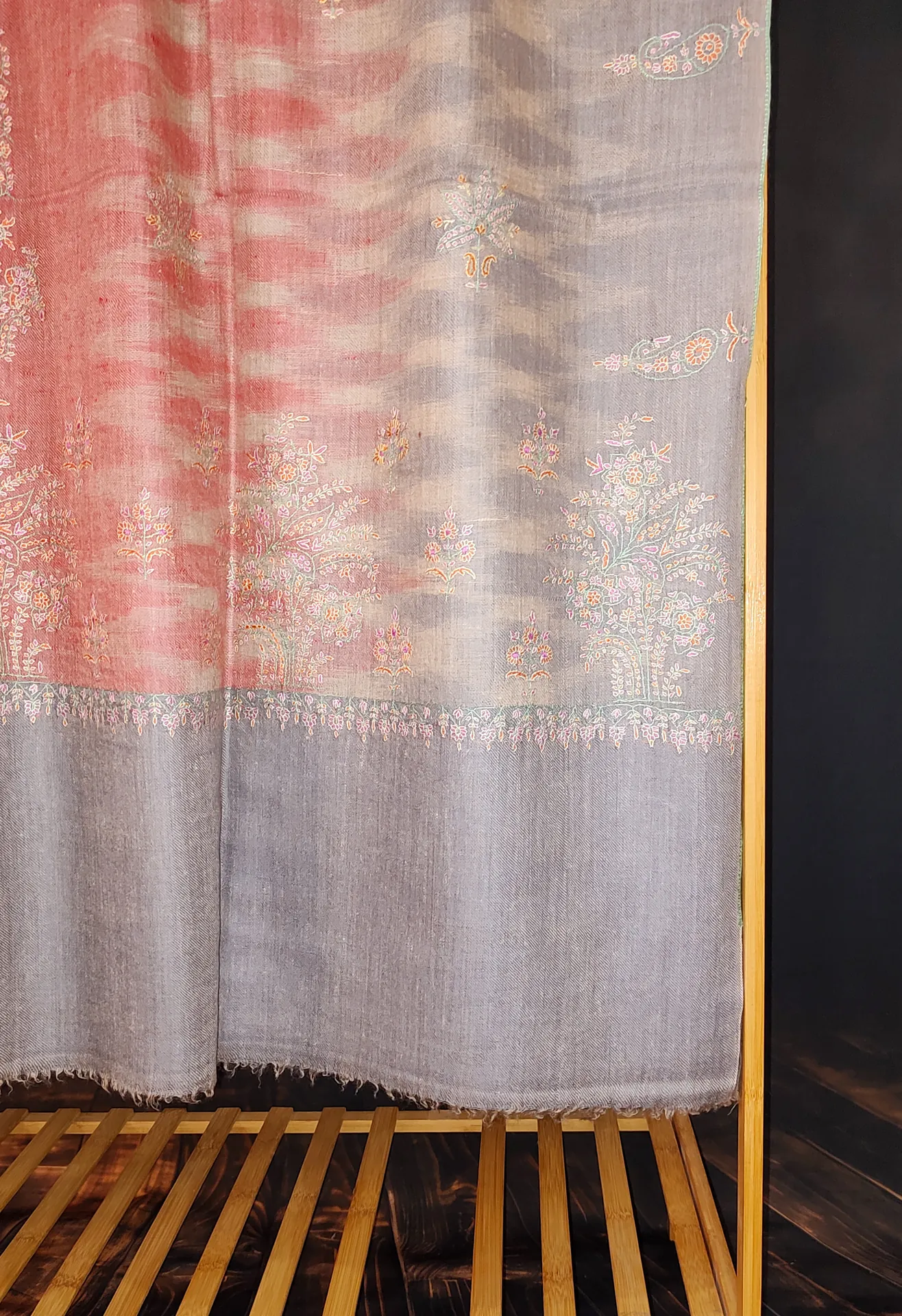 TOK002 (2) Ekat Grey & Red Sozni Motifs Embroidered Pashmina Shawl
