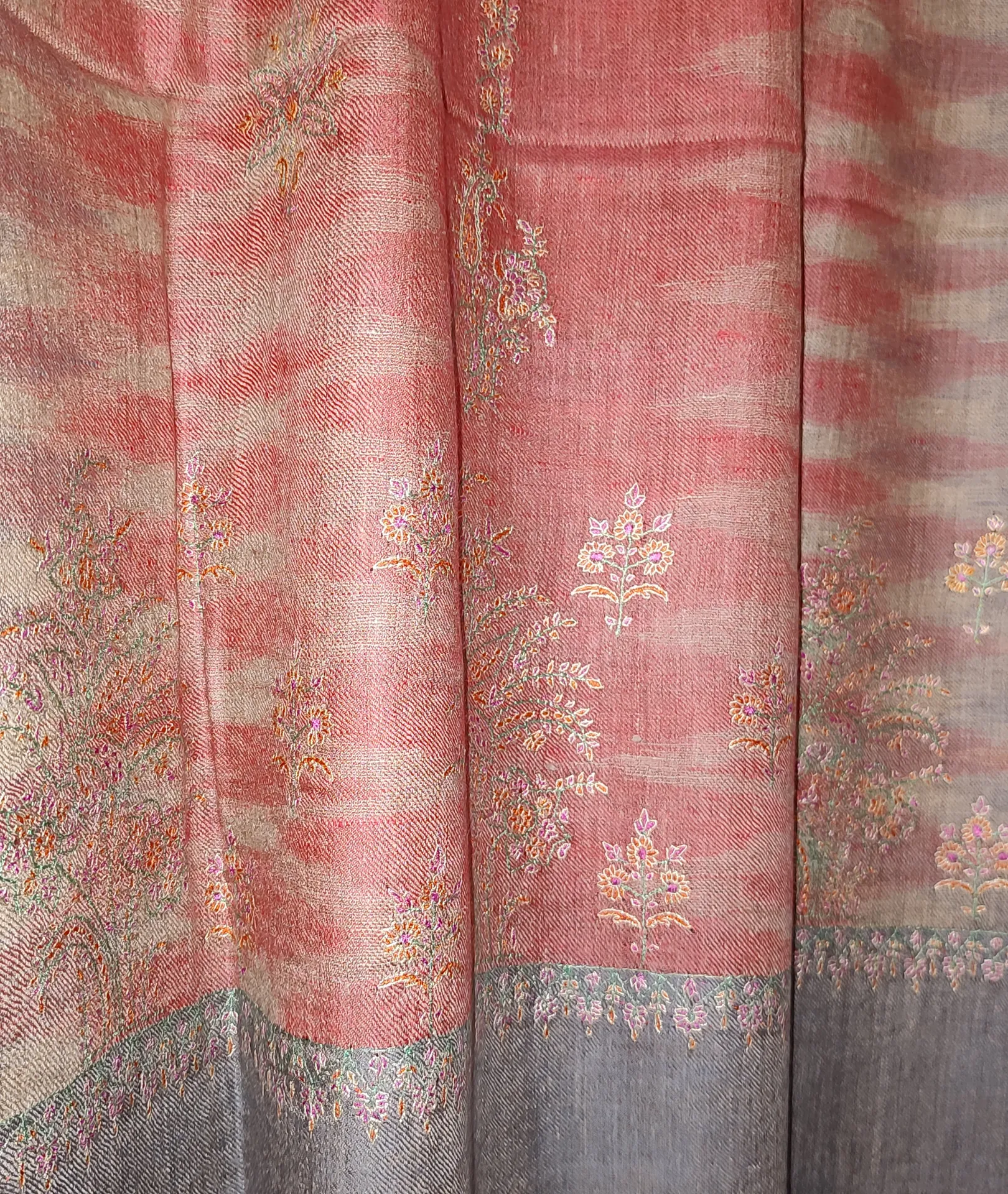 TOK002 (4) Ekat Grey & Red Sozni Motifs Embroidered Pashmina Shawl