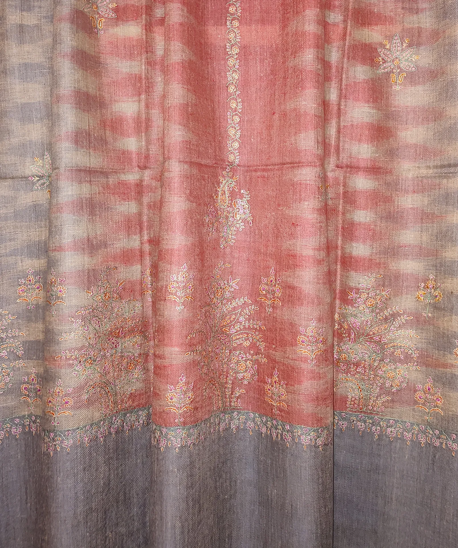 TOK002 (5) Ekat Grey & Red Sozni Motifs Embroidered Pashmina Shawl