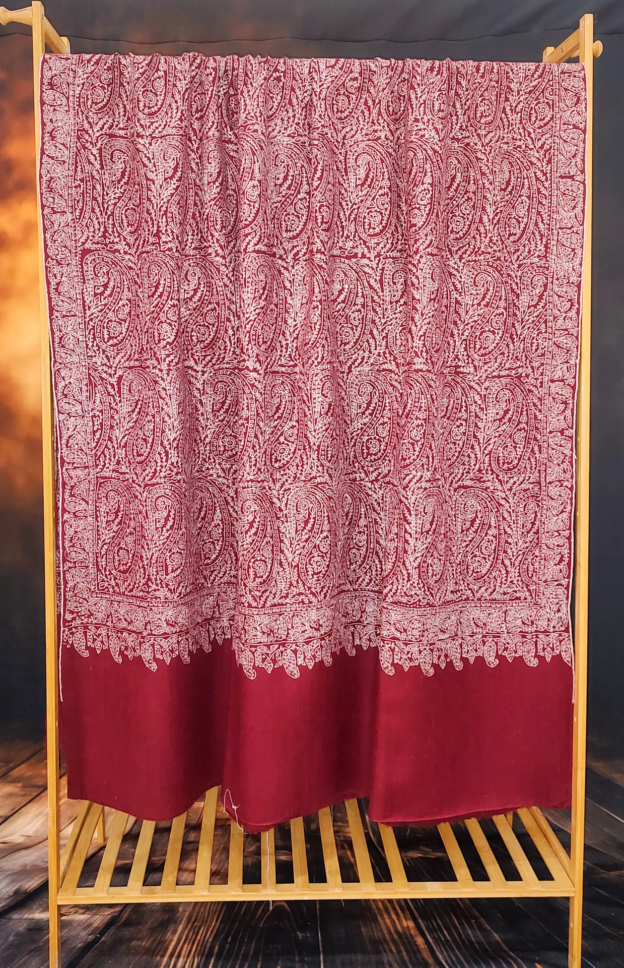 TOK005 (2) Maroon Jamawar Sozni Embroidered Pashmina Shawl