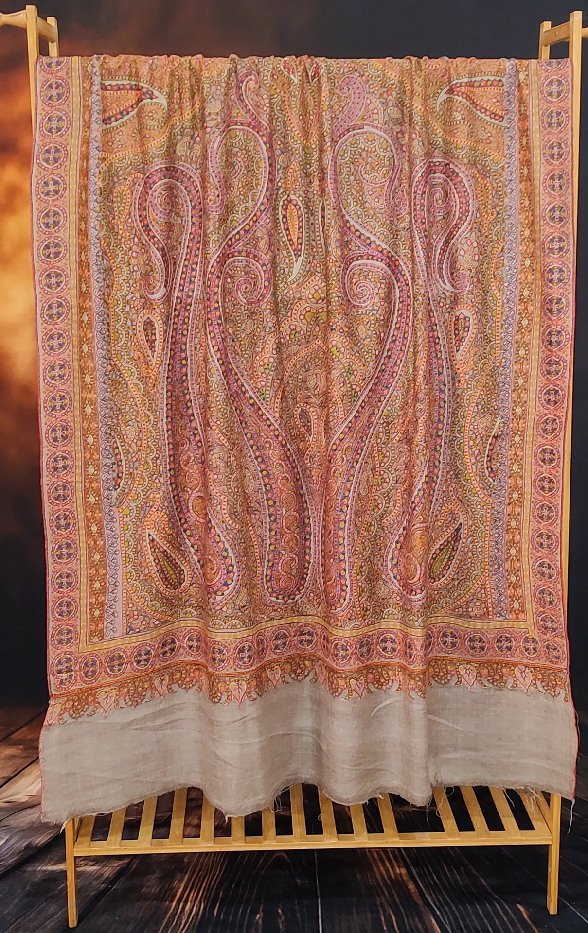Natural Antique Jamawar Sozni Embroidered Pashmina Shawl