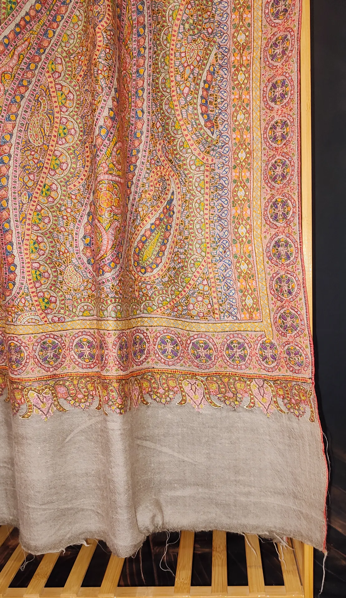 Natural Antique Jamawar Sozni Embroidered Pashmina Shawl