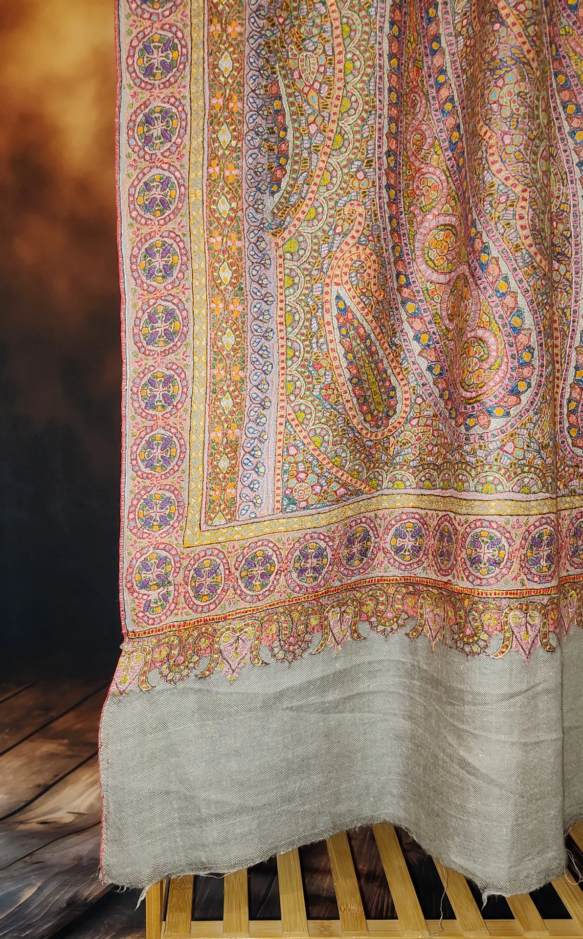 Natural Antique Jamawar Sozni Embroidered Pashmina Shawl