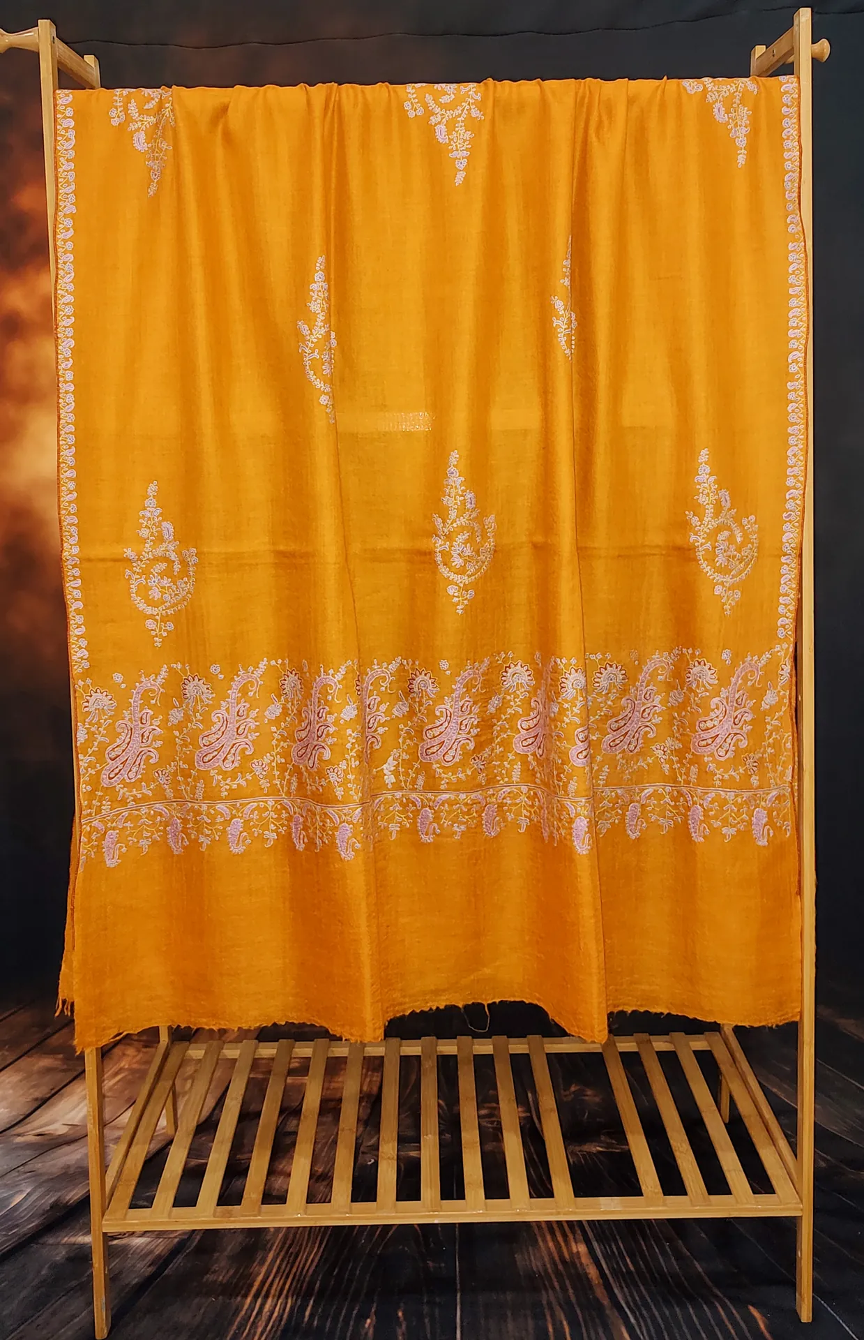 TOK008 (2) Mustard Palladar Botidar Sozni Embroidered Pashmina Shawl