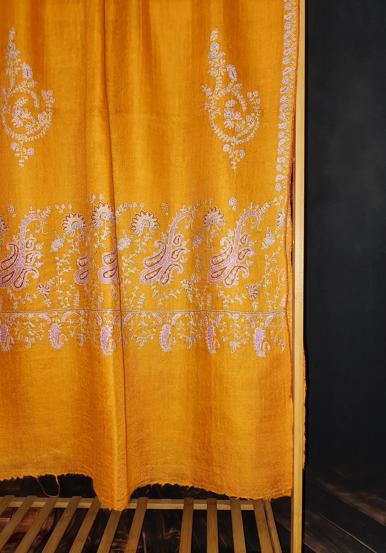 TOK008 (3) Mustard Palladar Botidar Sozni Embroidered Pashmina Shawl