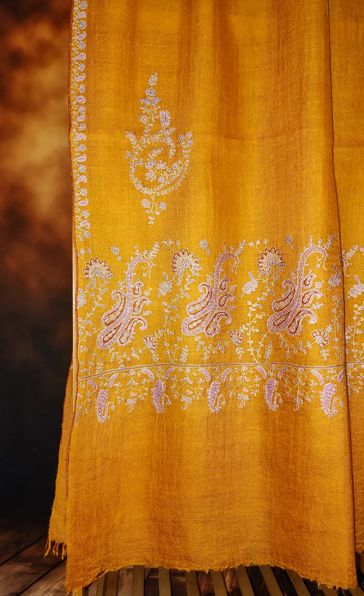 TOK008 (4) Mustard Palladar Botidar Sozni Embroidered Pashmina Shawl