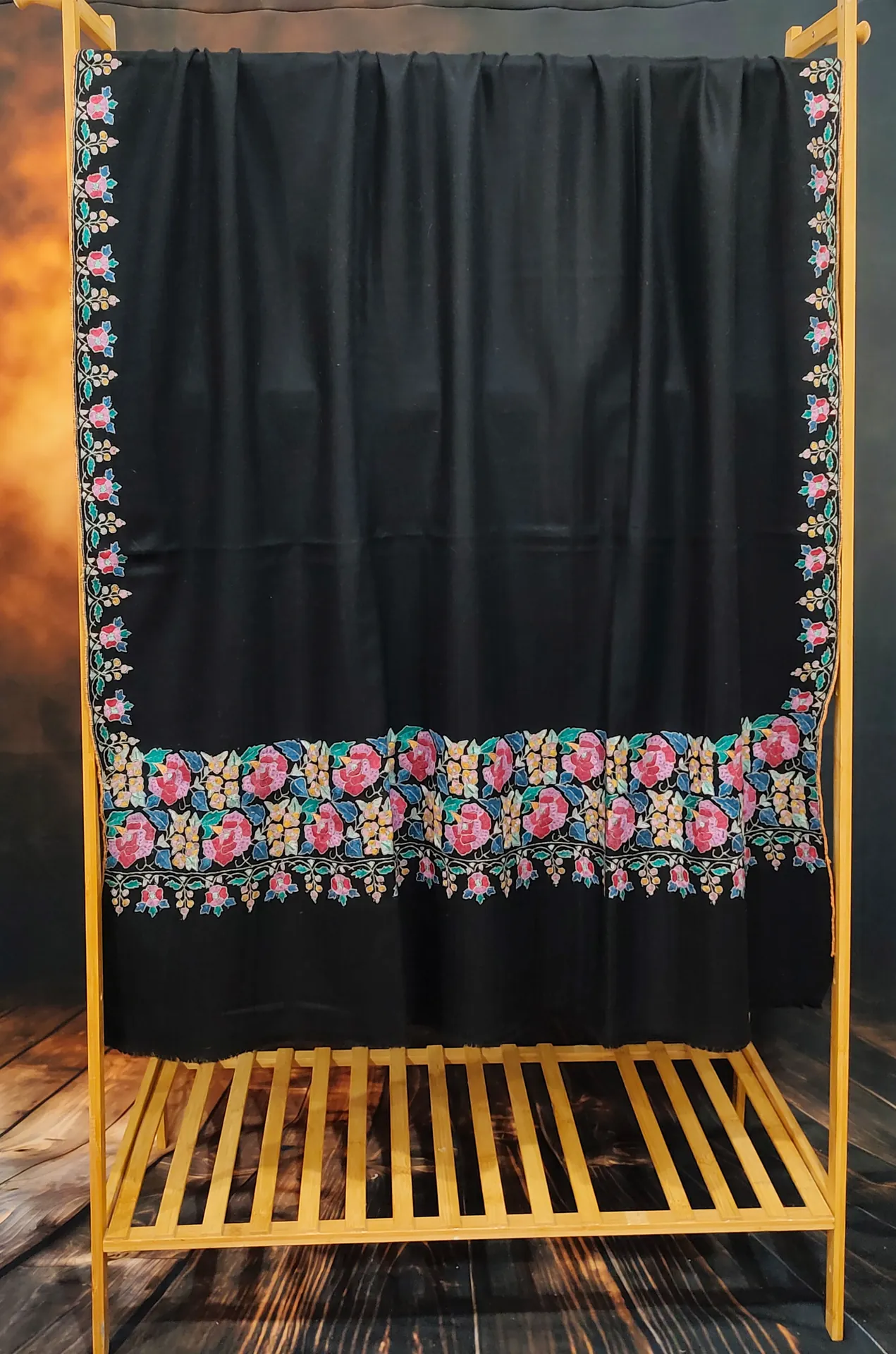 TOK009 (2) Black Palladar Sozni Embroidered Pashmina Shawl