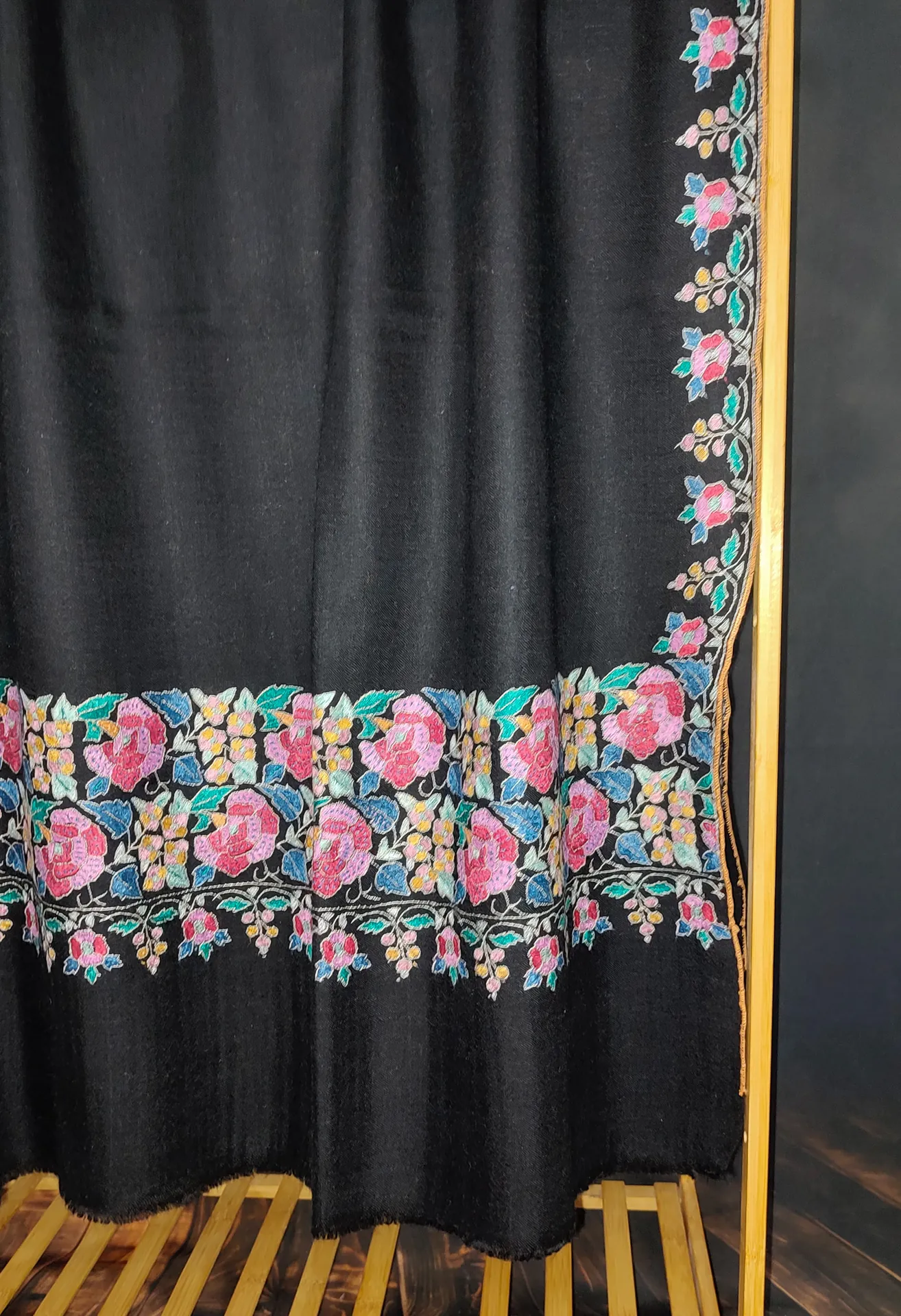 TOK009 (3) Black Palladar Sozni Embroidered Pashmina Shawl
