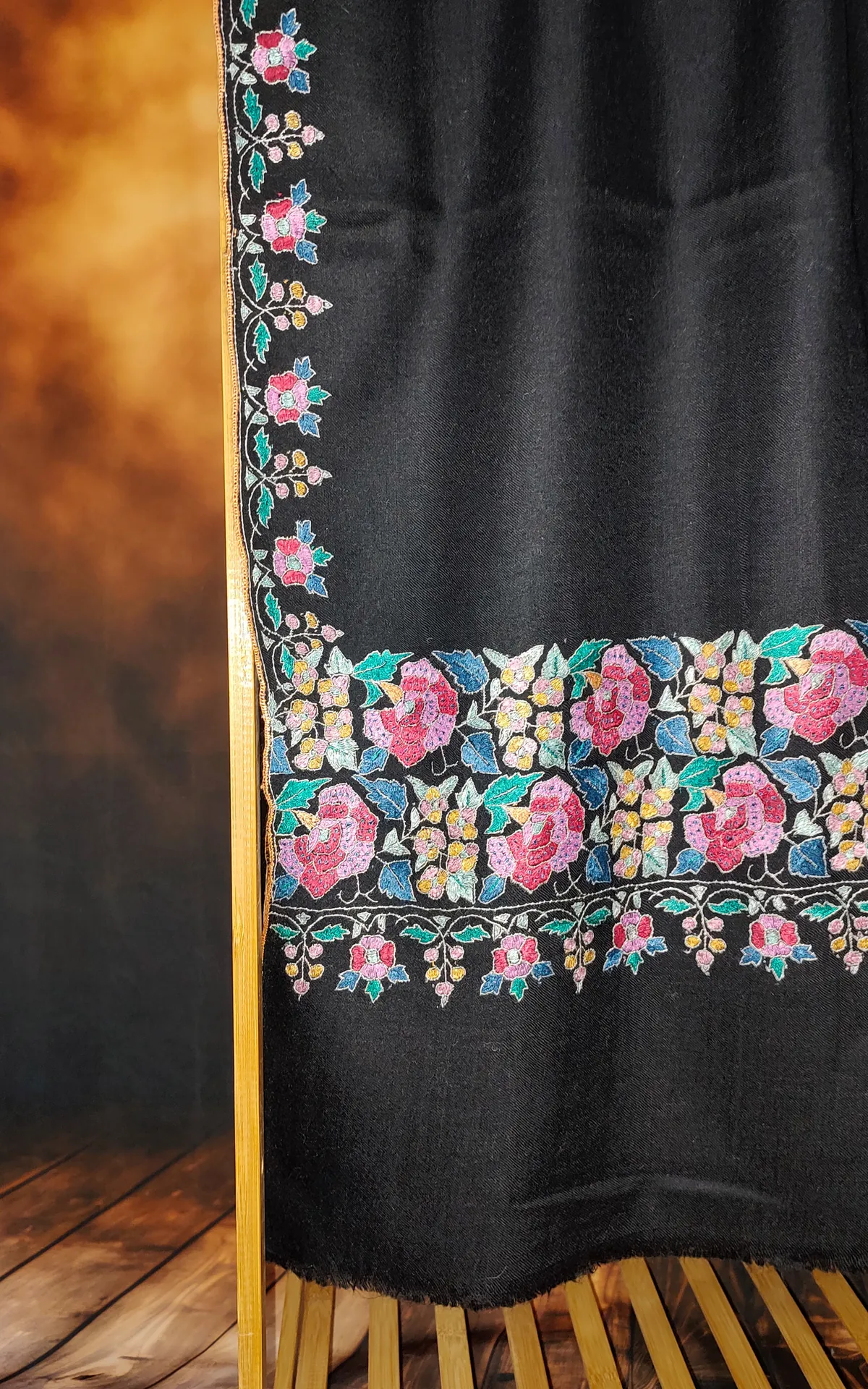 TOK009 (5) Black Palladar Sozni Embroidered Pashmina Shawl