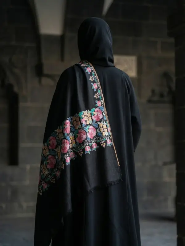 TOK009 (7) Black Palladar Sozni Embroidered Pashmina Shawl