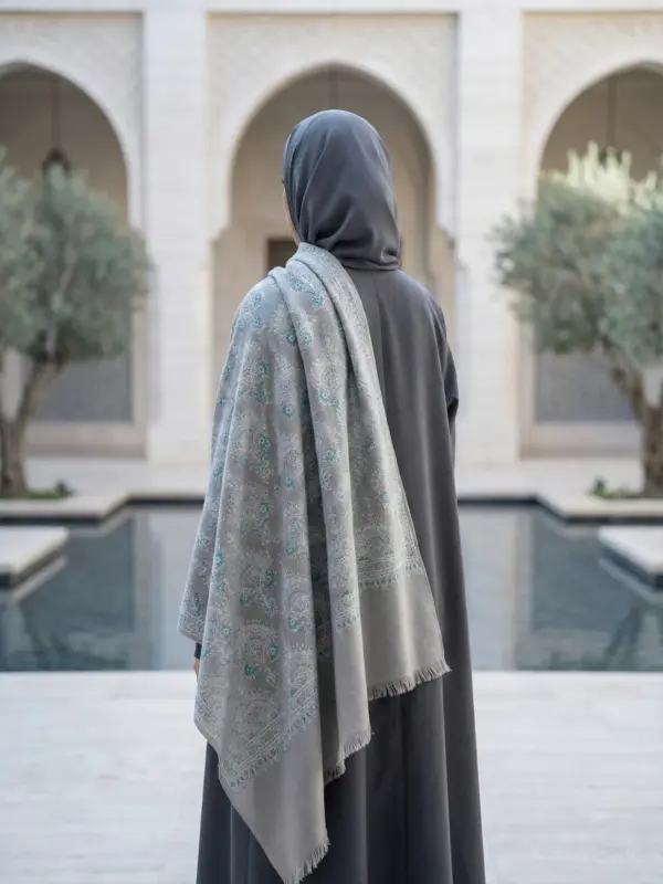 TOK011 (5) Ash Grey Jamawar Sozni Embroidered Pashmina Shawl