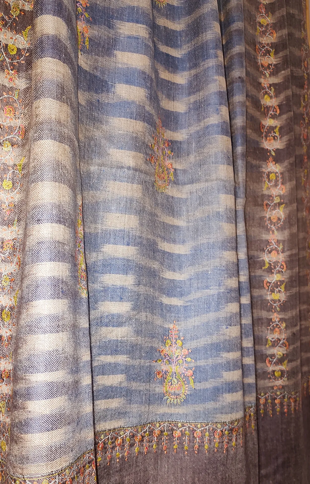 TOK012 (1) Ekat Brown & Blue Sozni Motifs Embroidered Pashmina Shawl