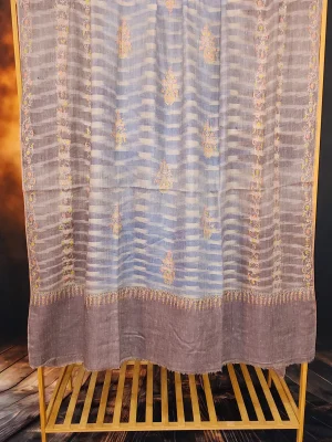 Ekat Brown & Blue Sozni Motifs Embroidered Pashmina Shawl - alternate view
