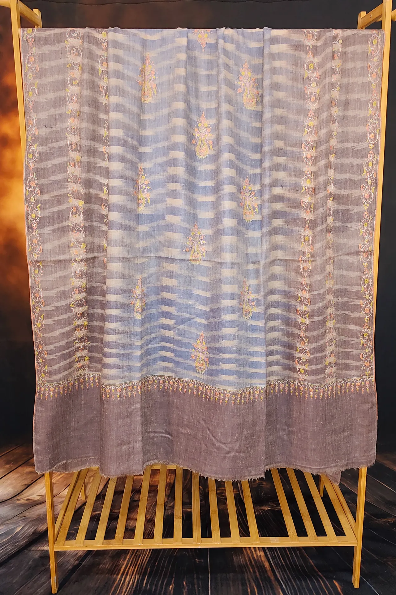 TOK012 (2) Ekat Brown & Blue Sozni Motifs Embroidered Pashmina Shawl