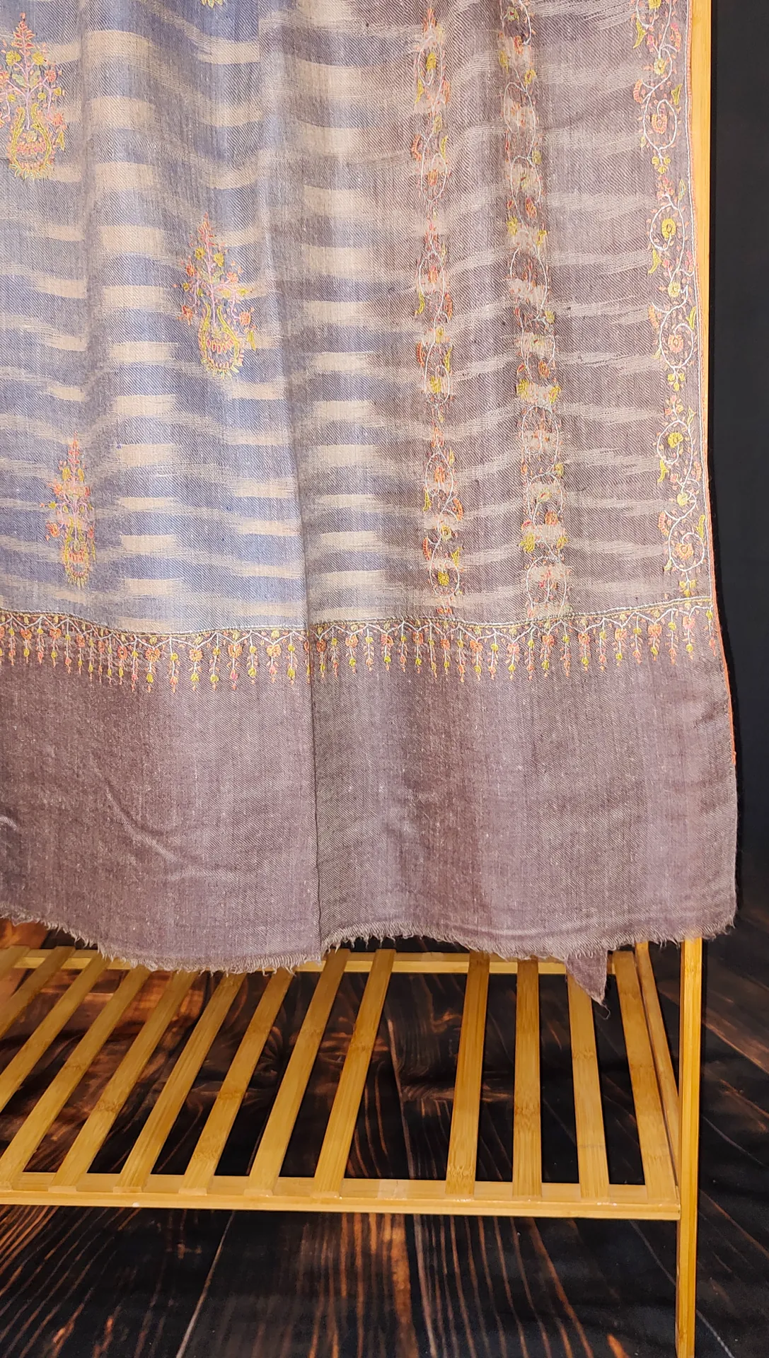 TOK012 (3) Ekat Brown & Blue Sozni Motifs Embroidered Pashmina Shawl