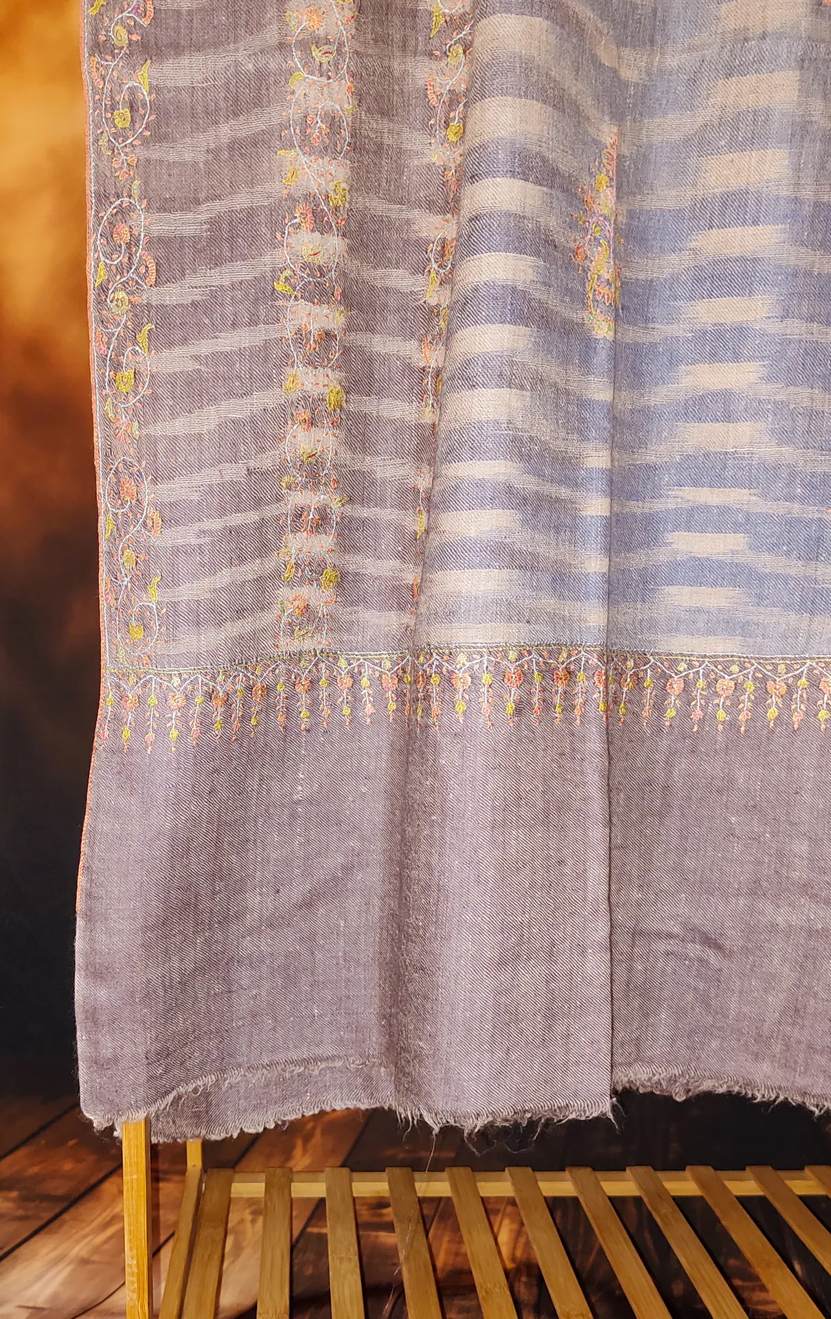 TOK012 (4) Ekat Brown & Blue Sozni Motifs Embroidered Pashmina Shawl