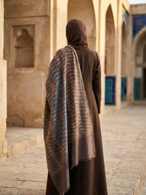 Ekat Brown & Blue Sozni Motifs Embroidered Pashmina Shawl