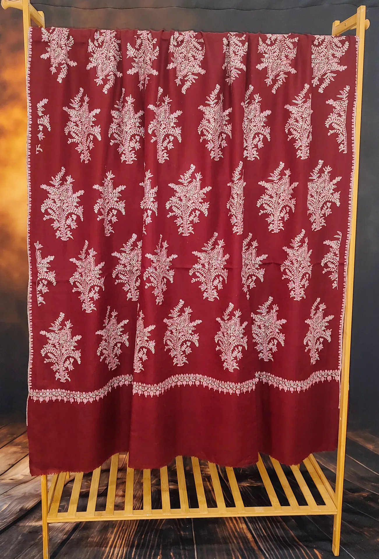 TOK013 (2) Maroon Jamawar Sozni Embroidered Pashmina Shawl
