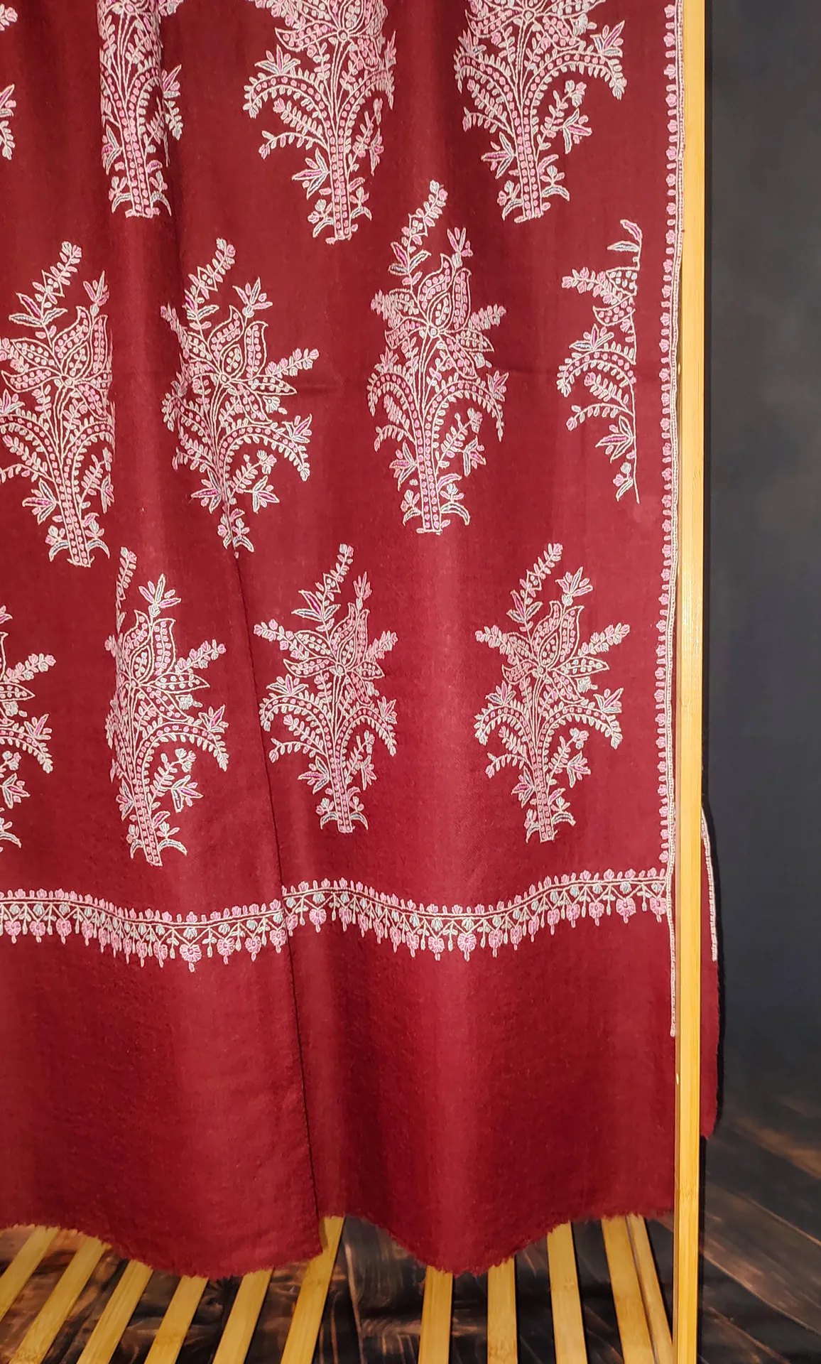 TOK013 (3) Maroon Jamawar Sozni Embroidered Pashmina Shawl