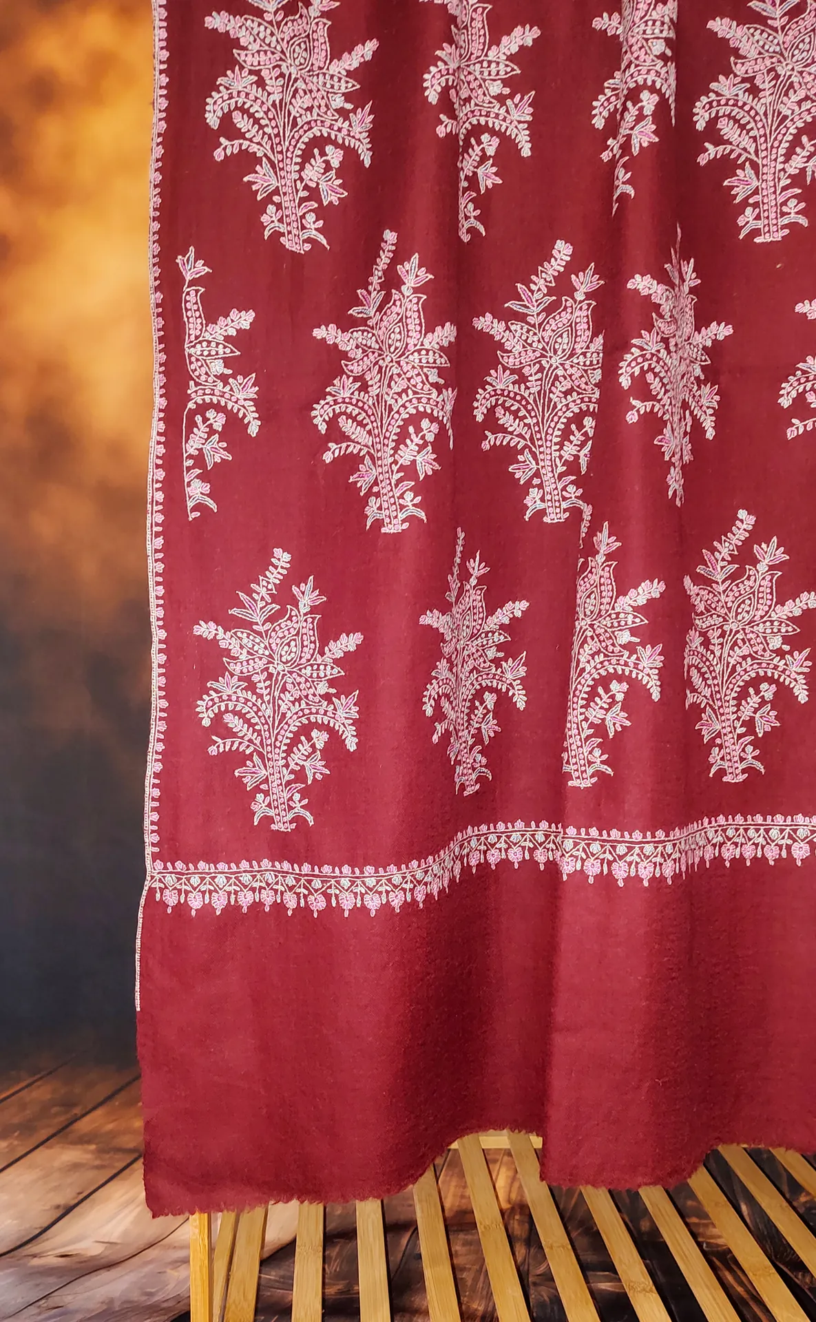 TOK013 (4) Maroon Jamawar Sozni Embroidered Pashmina Shawl