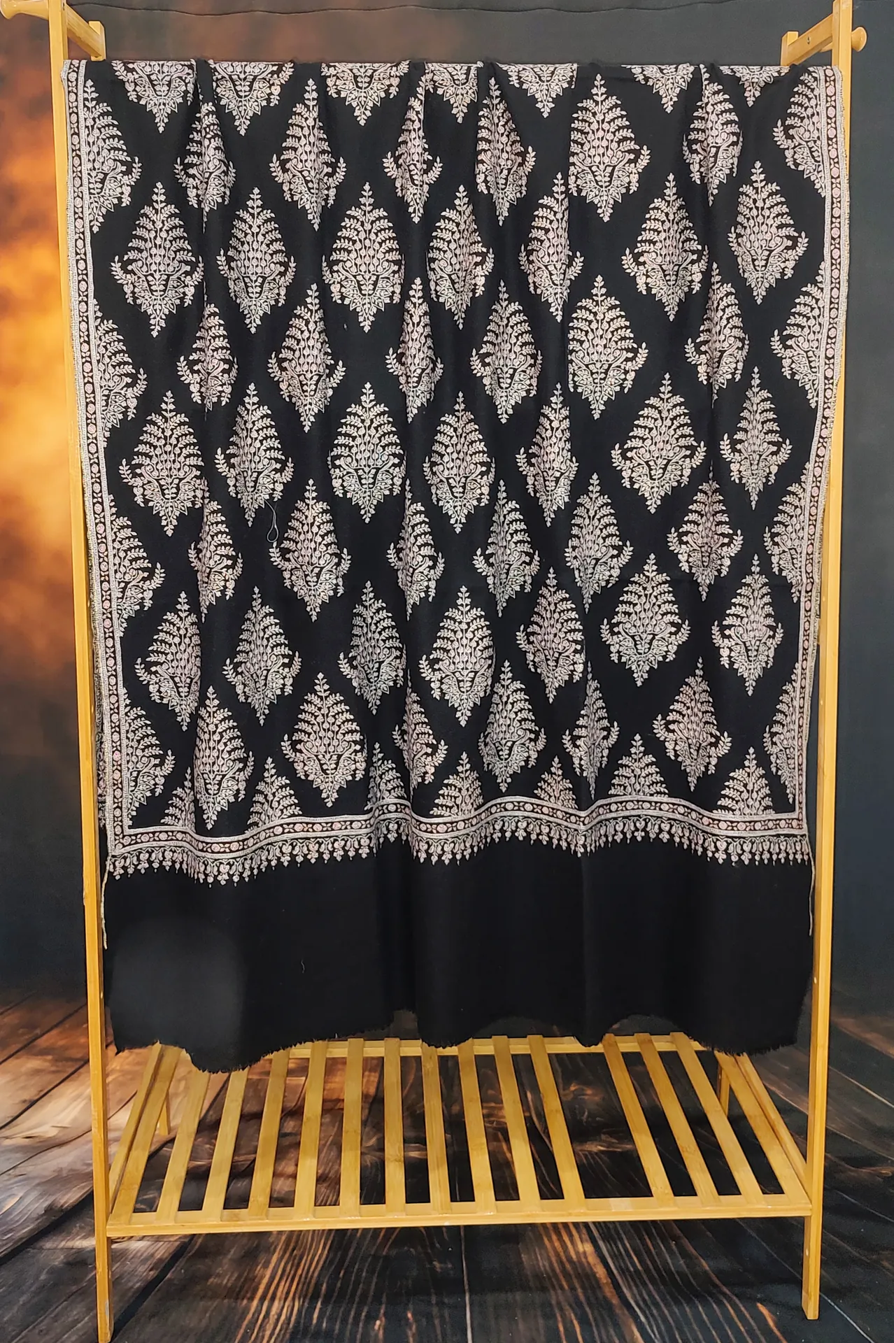 TOK014 (2) Black Jamawar Sozni Embroidered Pashmina Shawl