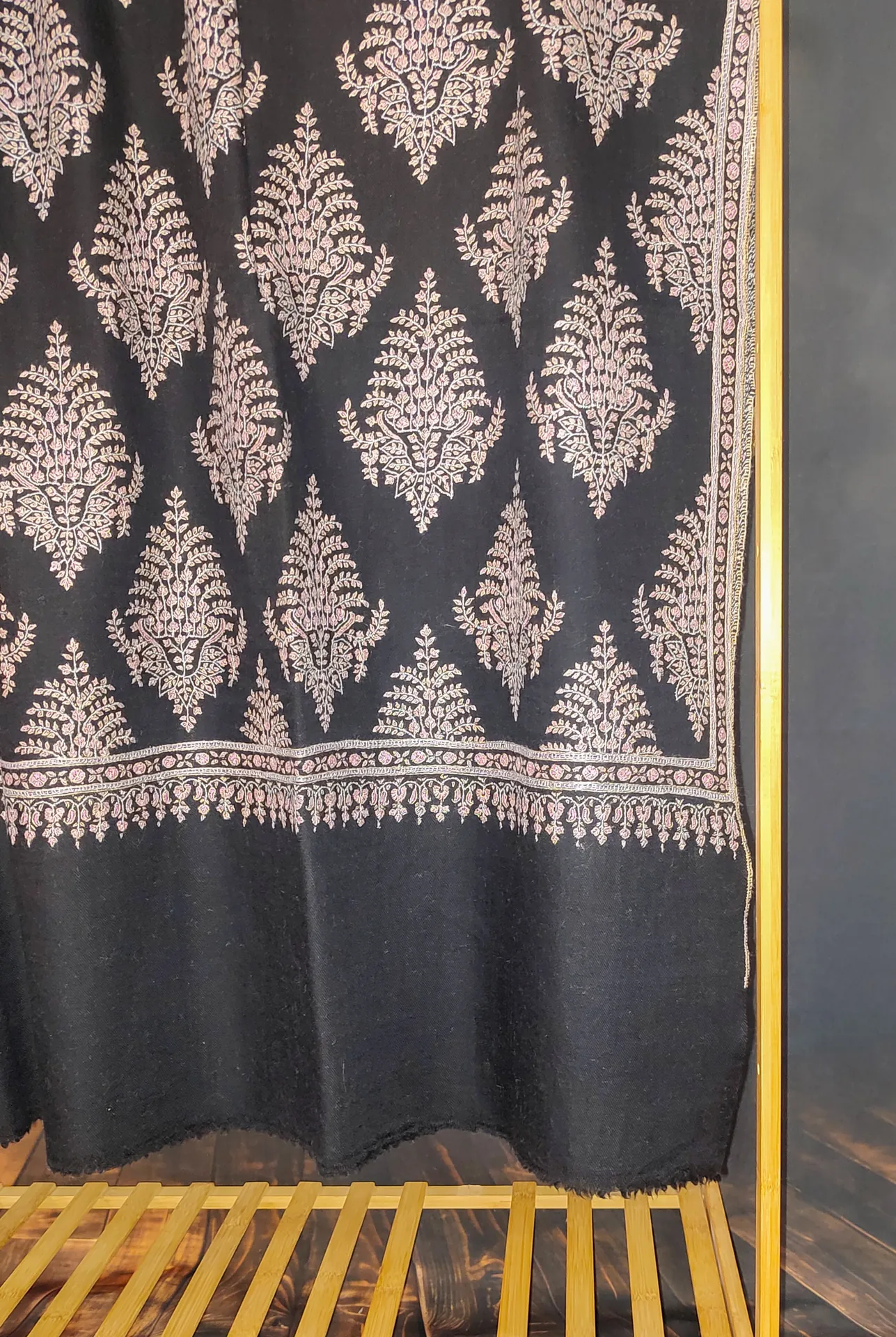 TOK014 (3) Black Jamawar Sozni Embroidered Pashmina Shawl