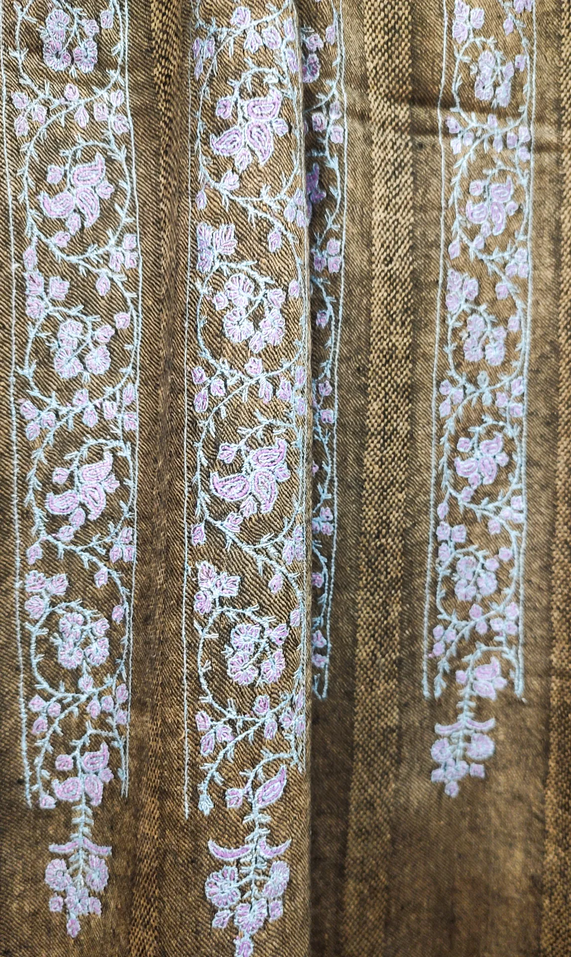 TOK015 (1) Grey Stripes Sozni Embroidered Pashmina Shawl