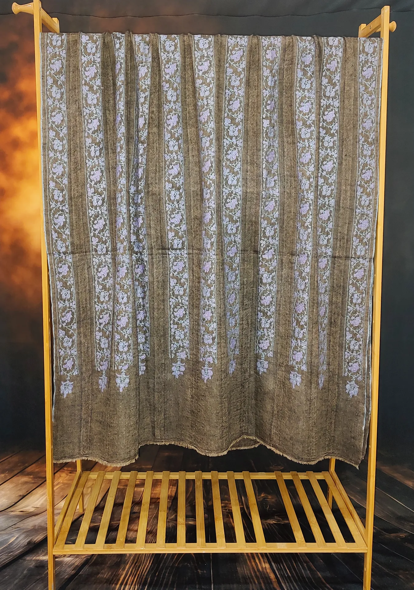 TOK015 (2) Grey Stripes Sozni Embroidered Pashmina Shawl