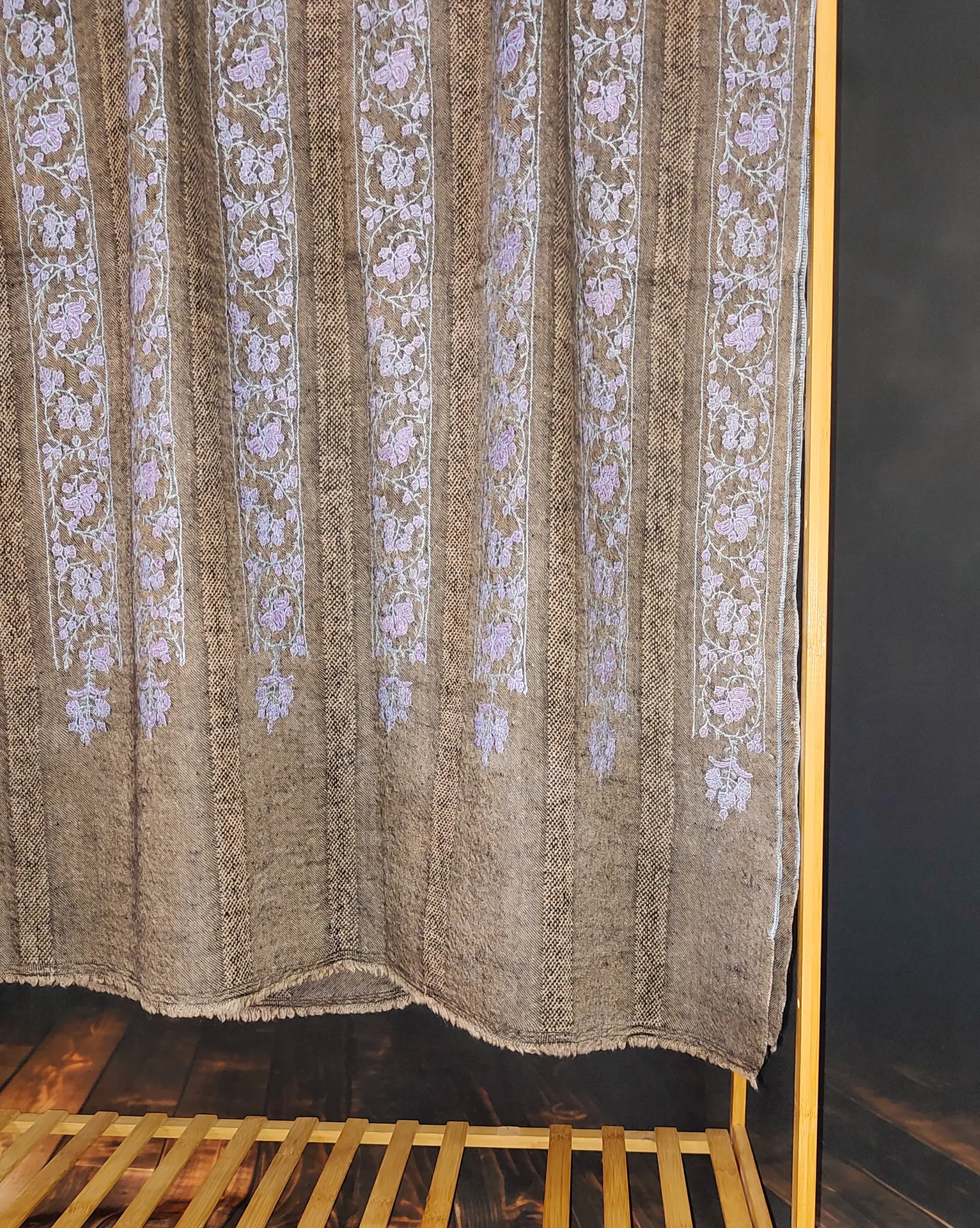 TOK015 (3) Grey Stripes Sozni Embroidered Pashmina Shawl