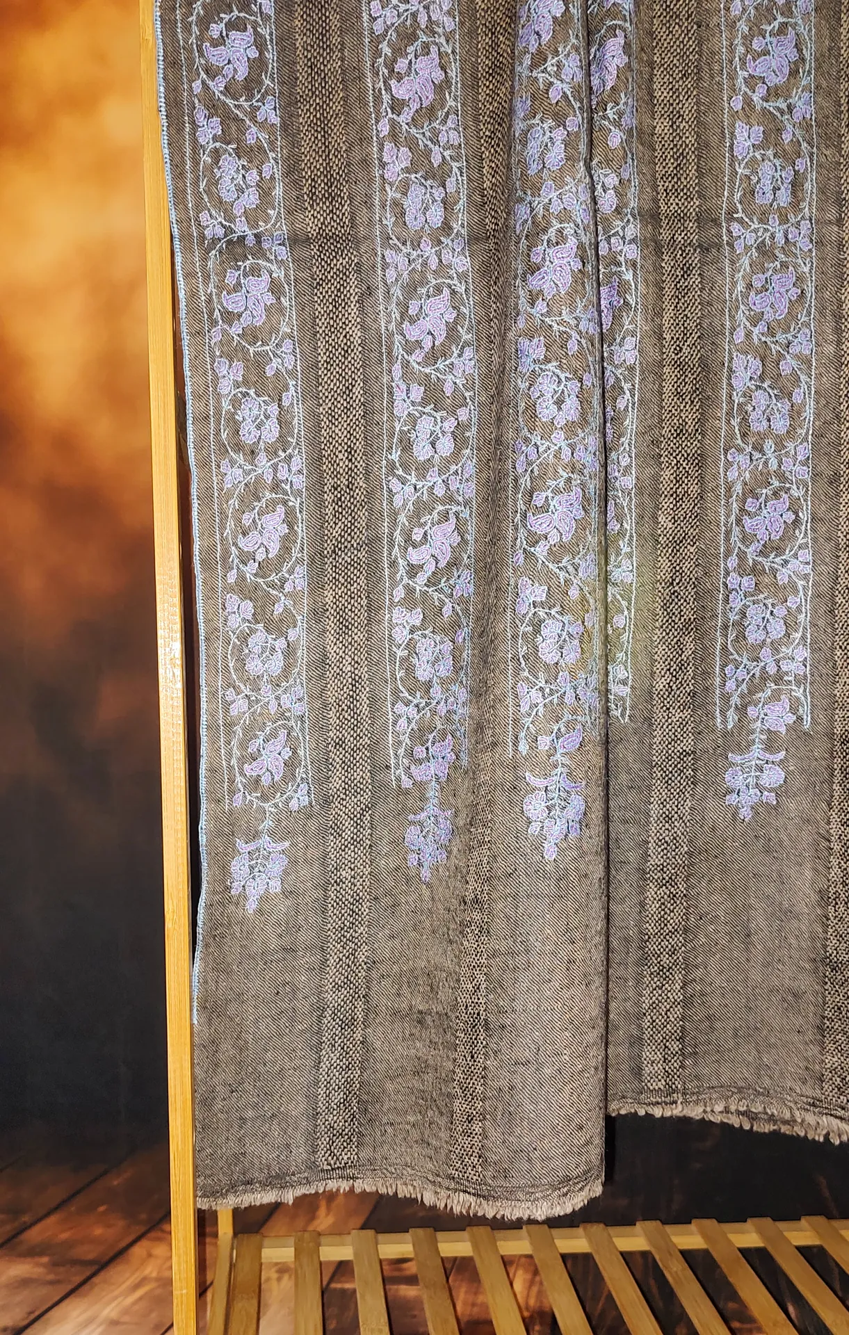 TOK015 (4) Grey Stripes Sozni Embroidered Pashmina Shawl