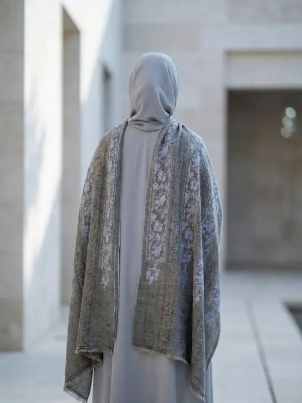 TOK015 (6) Grey Stripes Sozni Embroidered Pashmina Shawl
