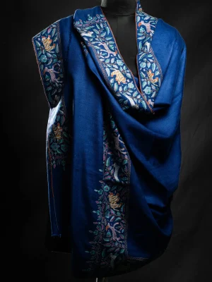 Blue Antique Dordar Sozni Embroidered Pashmina Shawl - alternate view