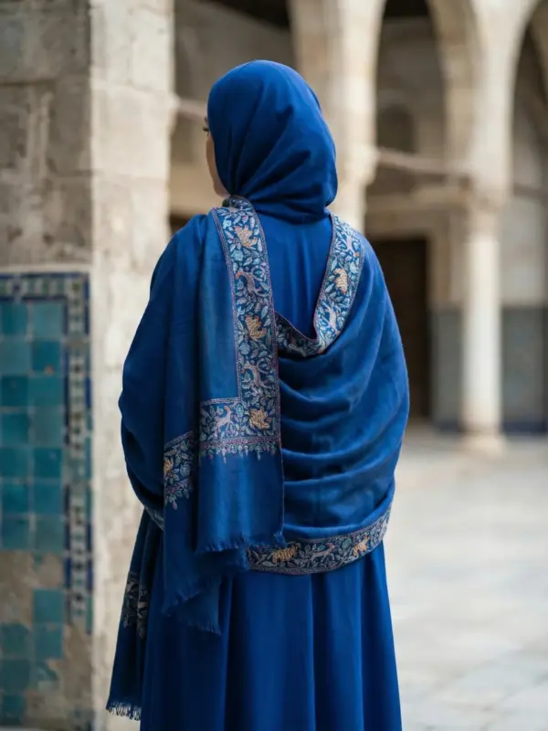 TOK016 (2) Blue Antique Dordar Sozni Embroidered Pashmina Shawl