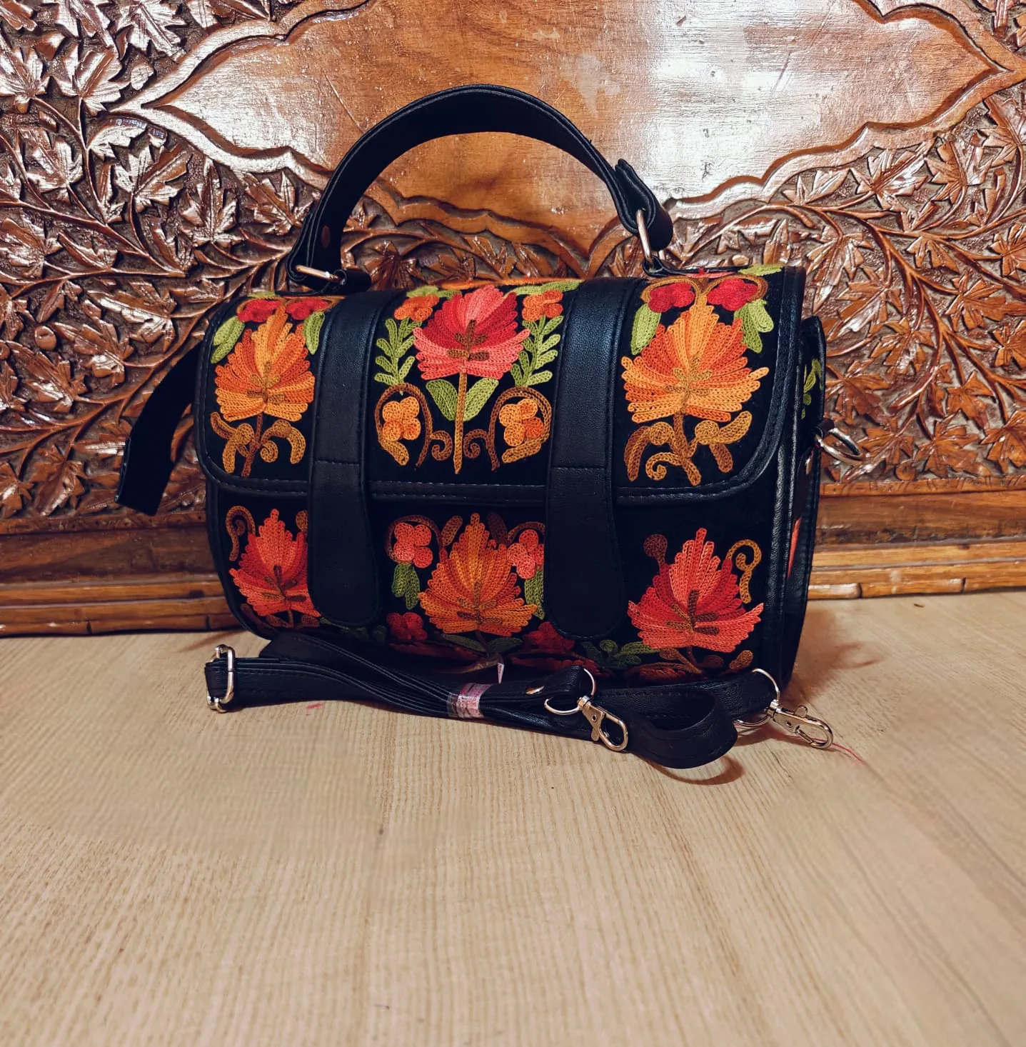 Midnight Black & Crimson Floral Flap Dholki Handbag