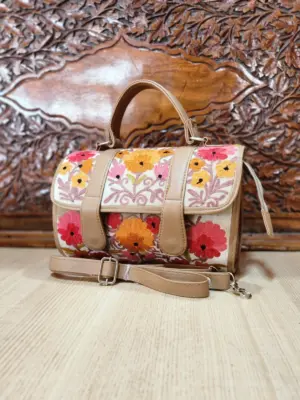 Ivory & Tan Floral Flap Dholki Handbag - alternate view
