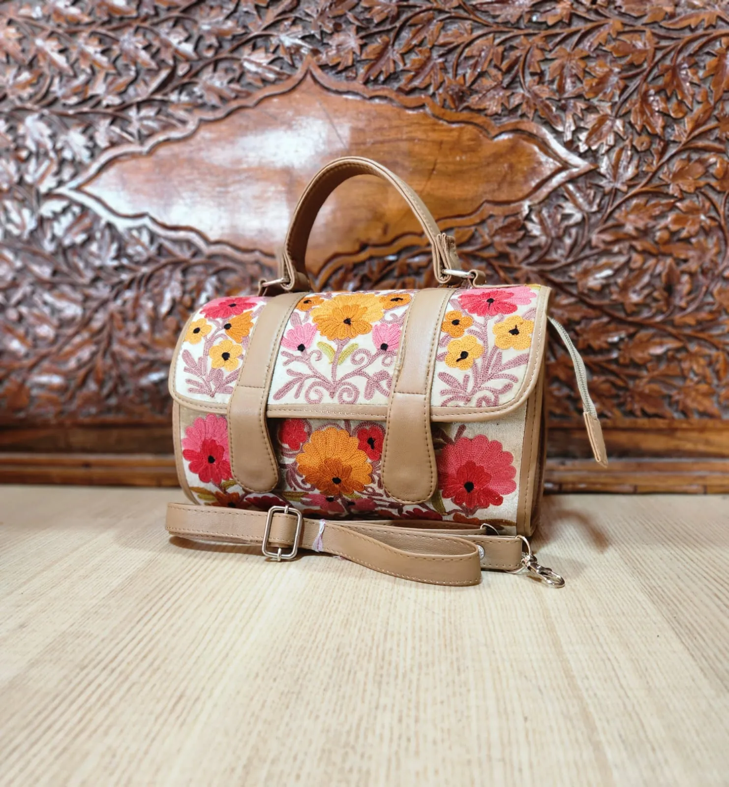 Ivory & Tan Floral Flap Dholki Handbag Ivory & Tan Floral Flap Dholki Handbag