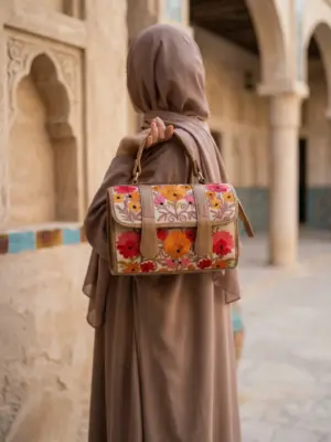 Ivory & Tan Floral Flap Dholki Handbag Ivory & Tan Floral Flap Dholki Handbag