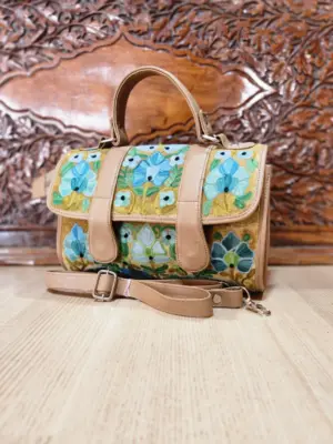 Beige & Sky Blue Floral Flap Dholki Handbag - alternate view