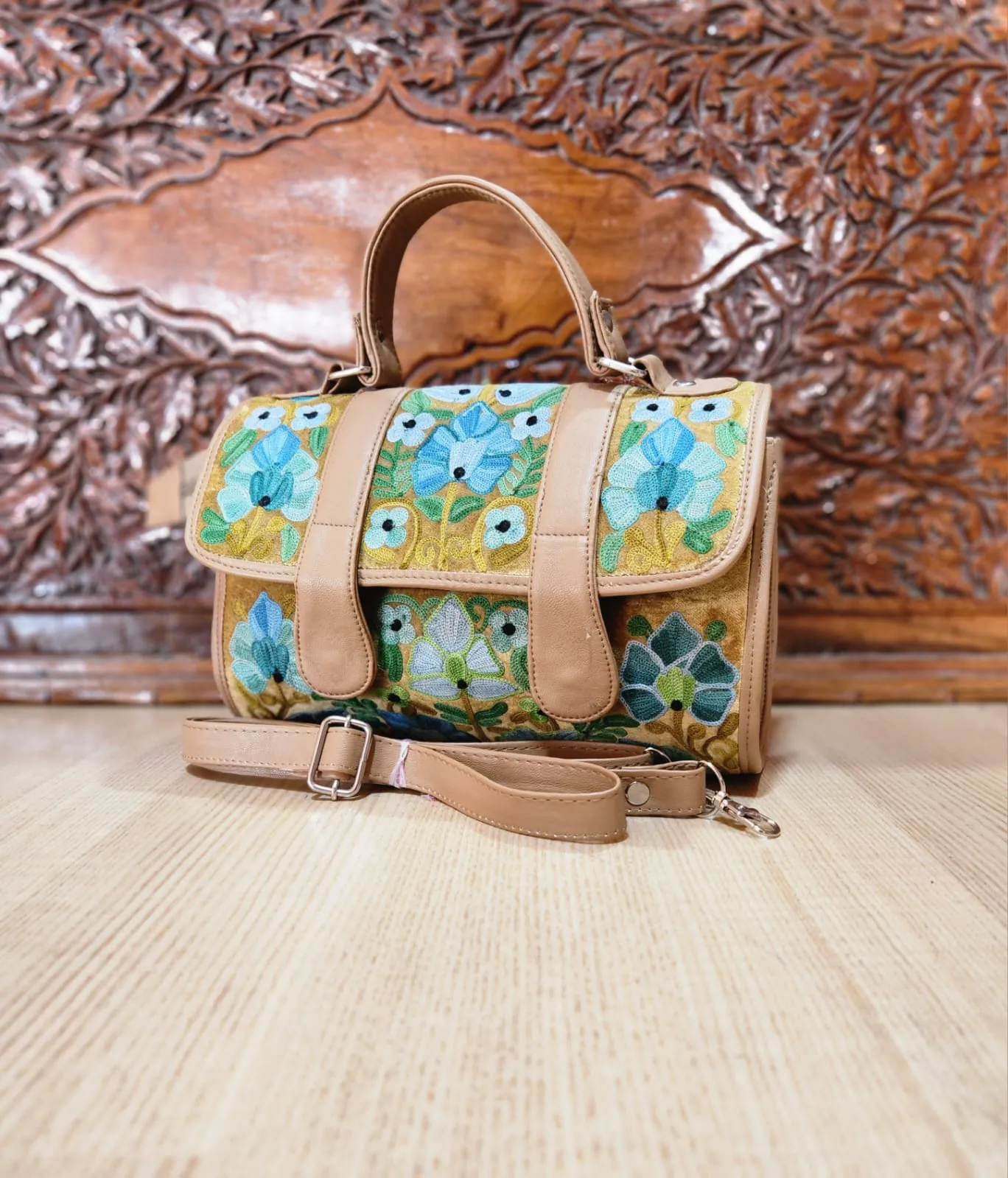 Beige & Sky Blue Floral Flap Dholki Handbag Beige & Sky Blue Floral Flap Dholki Handbag