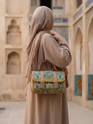 Beige & Sky Blue Floral Flap Dholki Handbag