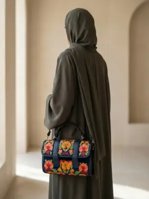 Midnight Navy & Crimson Floral Flap Dholki Handbag
