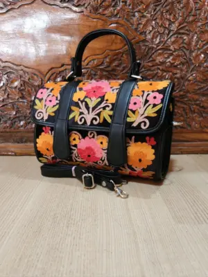 Midnight Black & Rose Orange Floral Flap Dholki Handbag - alternate view