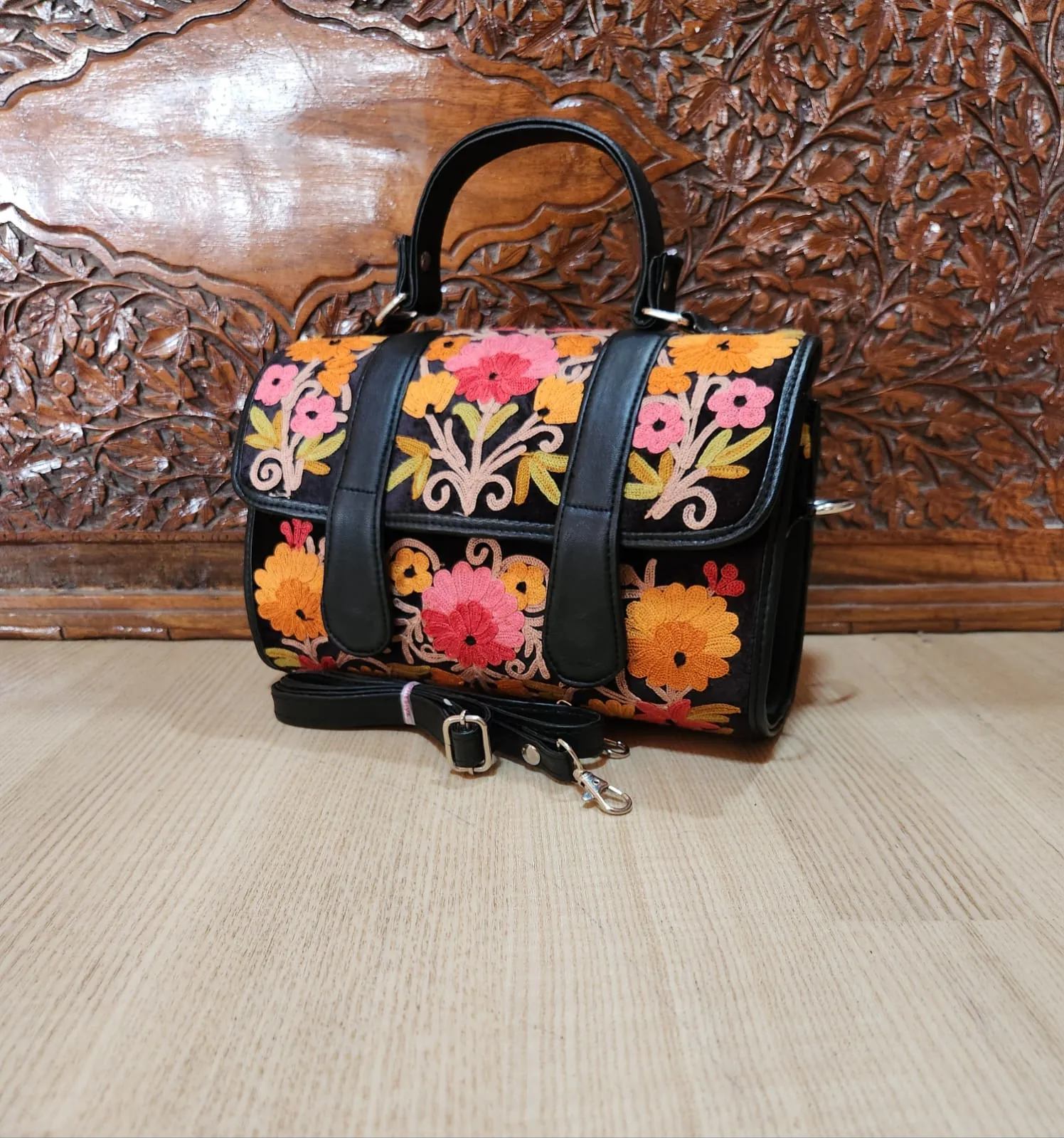 Midnight Black & Rose Orange Floral Flap Dholki Handbag