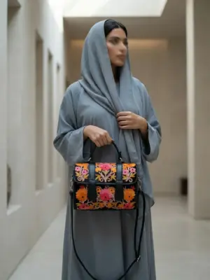 Midnight Black & Rose Orange Floral Flap Dholki Handbag Midnight Black & Rose Orange Floral Flap Dholki Handbag